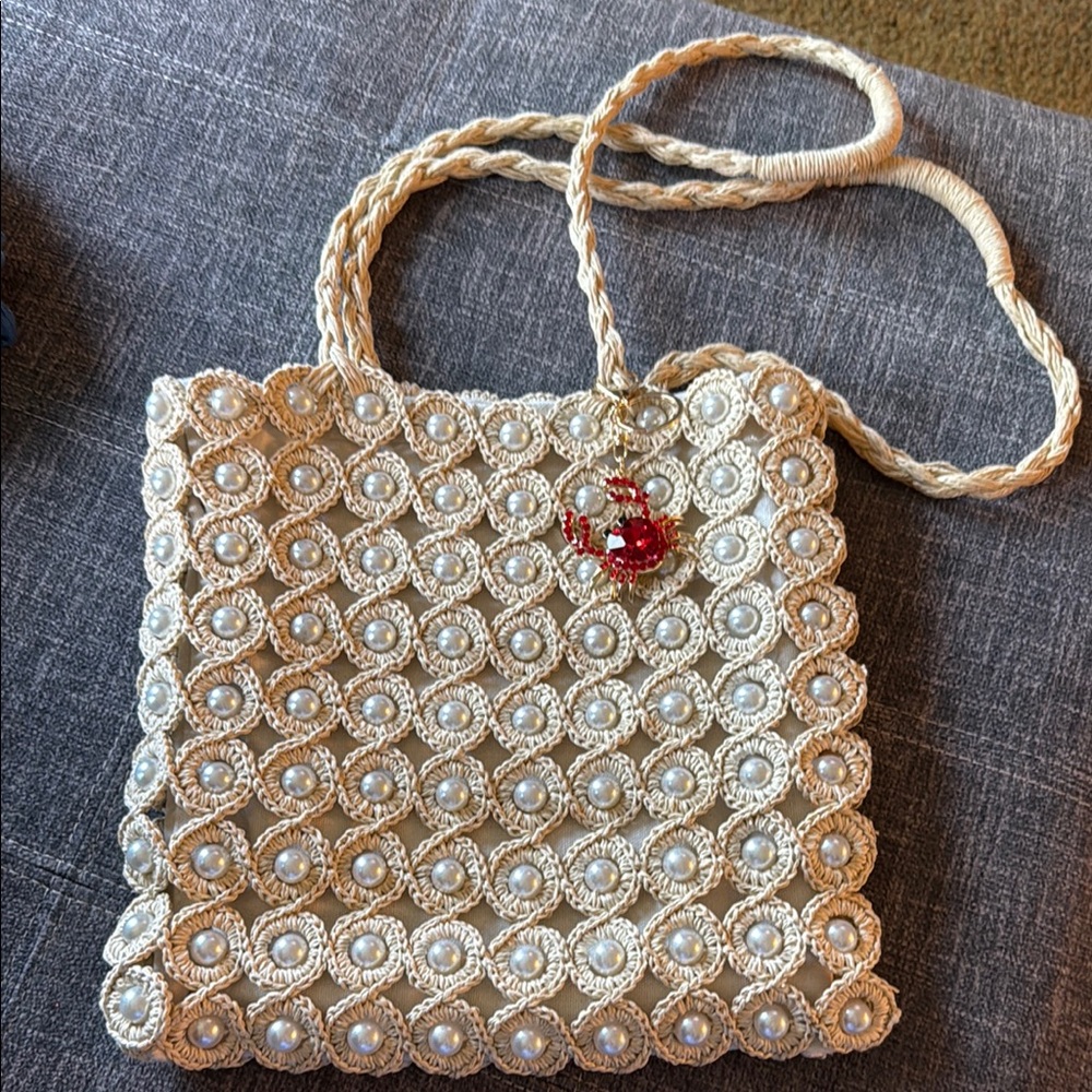 Haute Hippie Cream Artisanal Macramé Shoulder Pearl Shoulder Bag; EUC